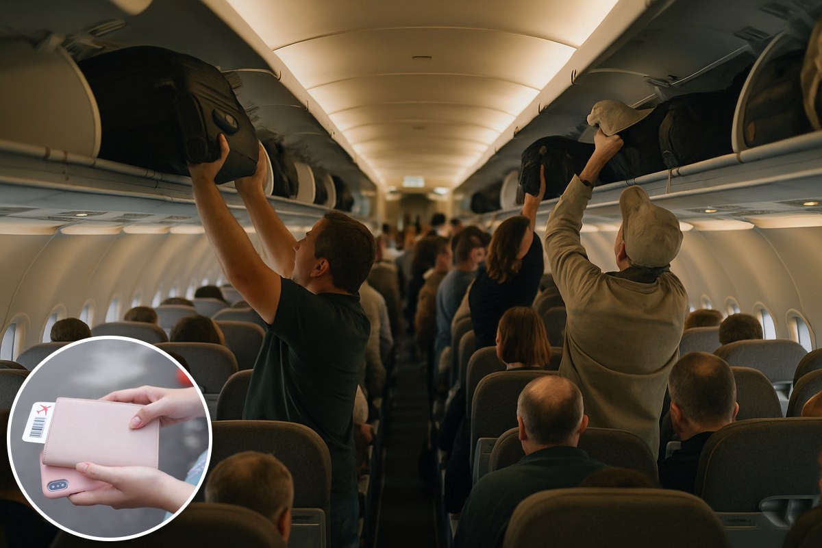 A crowded airliner cabin with passengers stowing bags, and a boarding pass inset.