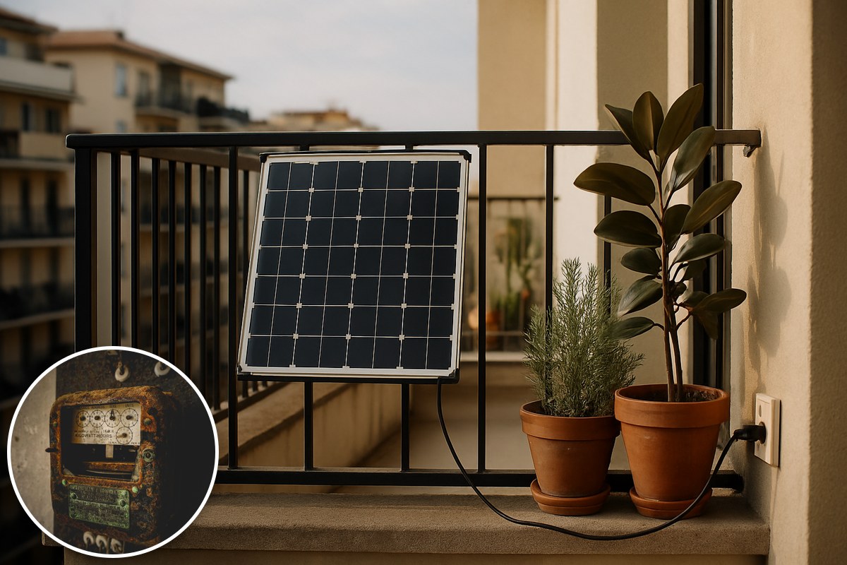 Illustration of a compact solar panel hanging on an apartment balcony railing, plugged into a wall socket.