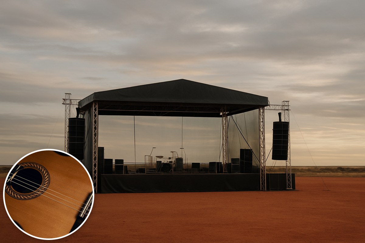 Generic illustrative empty concert stage on Australian outback red dirt, with an acoustic guitar inset; not a depiction of the actual Big Red Bash site.
