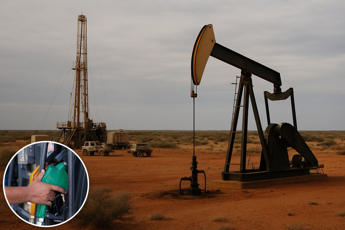 Generic illustrative petroleum equipment in dry Australian outback country, with a stock fuel-nozzle inset; not an actual Bridgeport exploration site.