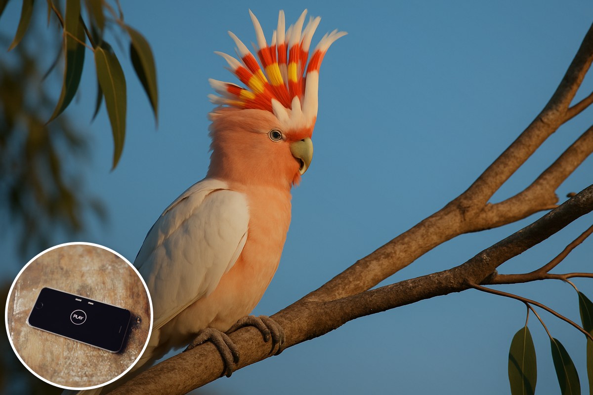 A pink cockatoo with its crest raised on a eucalyptus branch, with a phone showing a video play button inset.