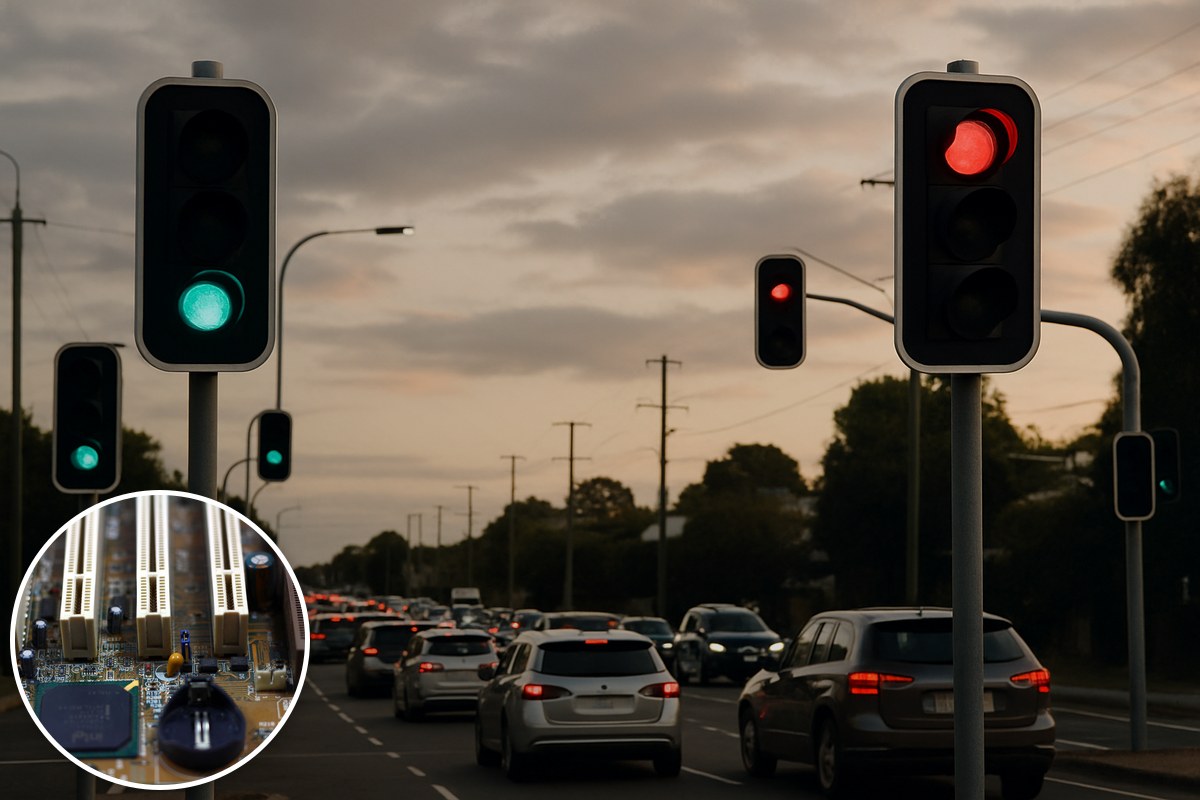 Traffic lights over a queued suburban arterial road at dusk, with a circuit board inset.
