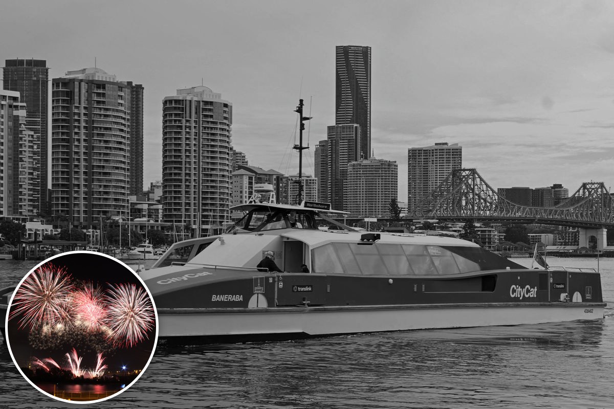 A CityCat ferry on the Brisbane River with the Story Bridge and city towers behind it.