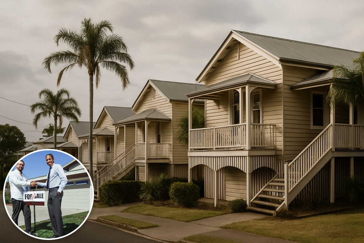 A sunlit street of Queenslander-style timber houses, with a sold-sign handshake inset.