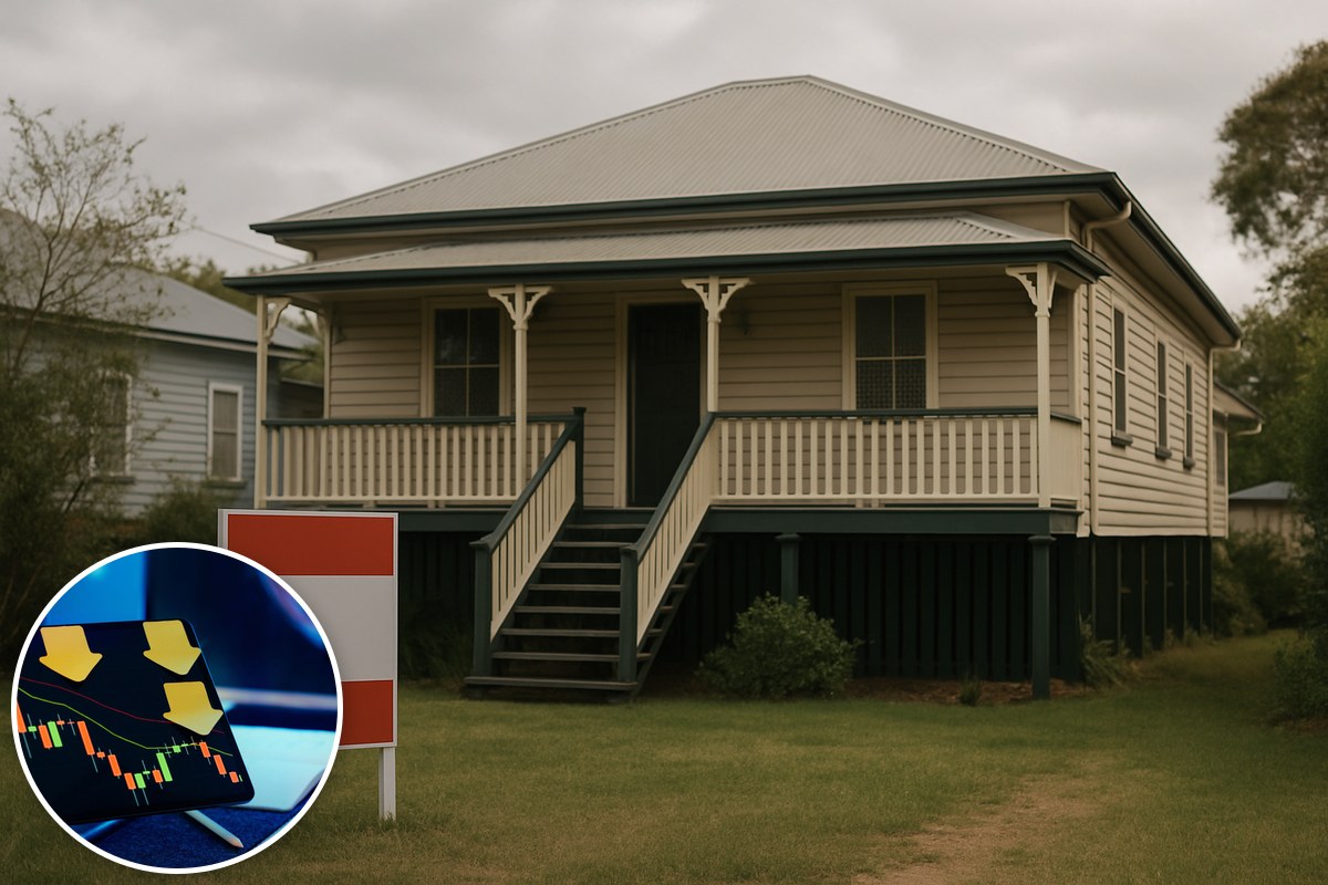 A raised timber Queensland house with a blank for-sale sign under grey skies, with a falling chart inset.