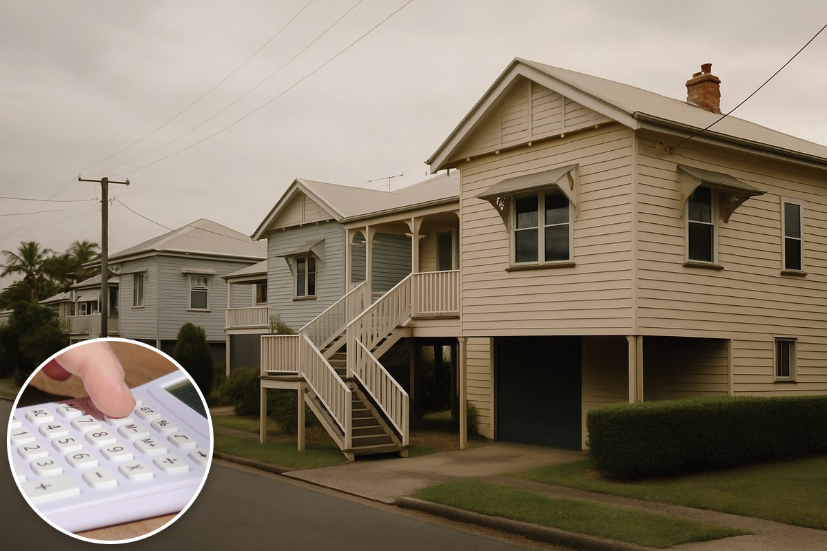 Illustrative elevated timber Queensland homes with a stock calculator inset; not actual properties from the report.
