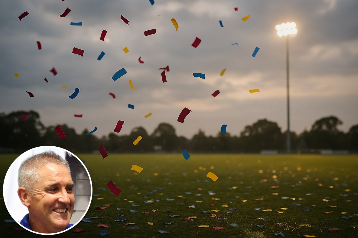 Maroon, blue and gold confetti falling over a floodlit football oval, with a portrait of Chris Fagan inset.