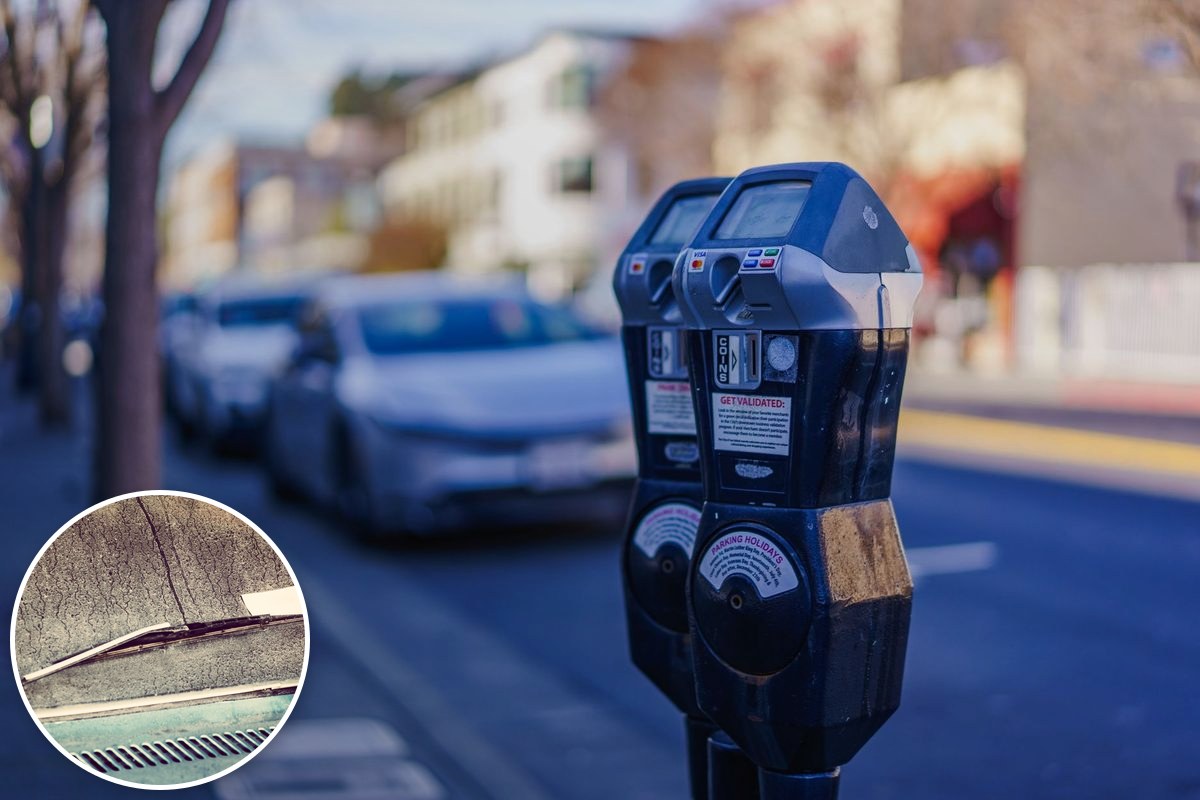 Parking meters beside a row of parked cars on a city street, with an inset photo of a ticket under a windscreen wiper.
