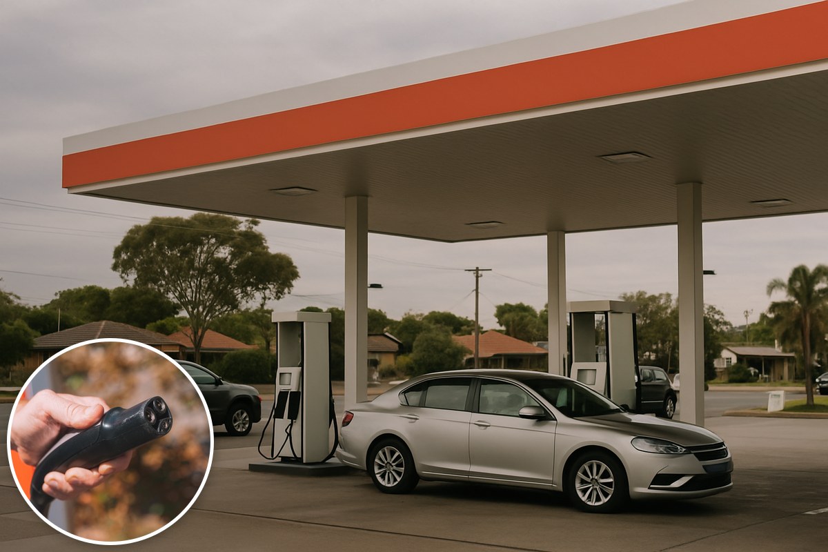 Generic illustrative Australian service station with unbranded bowsers and cars, with a stock electric-vehicle charging-plug inset; not a particular station.
