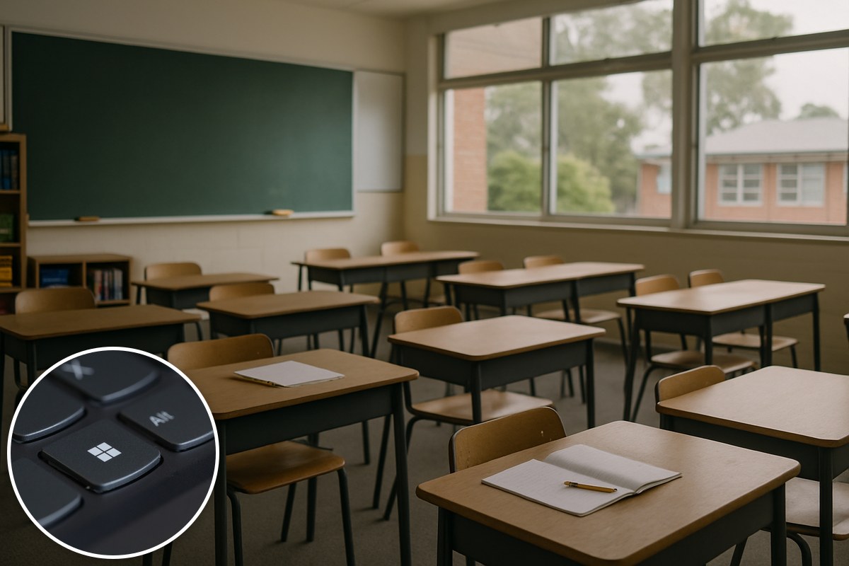 Generic illustrative empty classroom with exercise books and a stock computer-keyboard inset; not a photograph of Corinda State School.