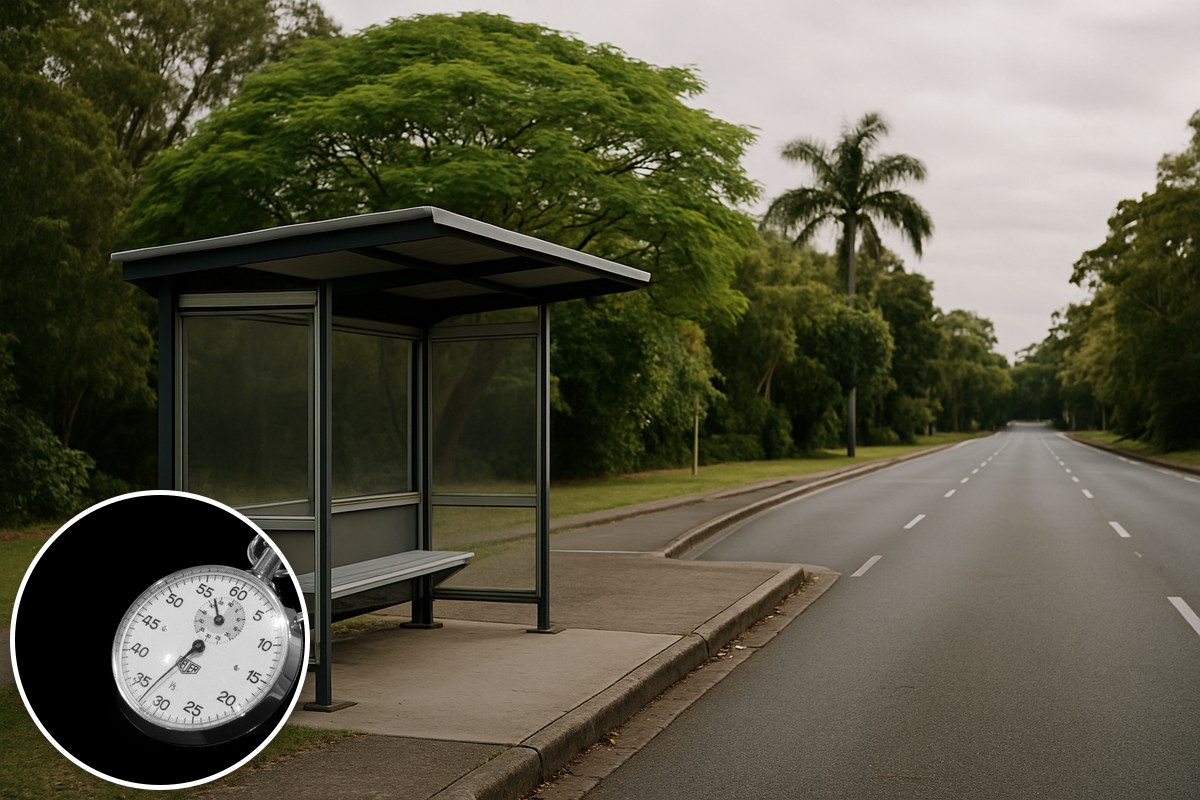 Generic illustrative empty Australian suburban bus shelter with a stock stopwatch inset; not an actual Metro stop or vehicle design.