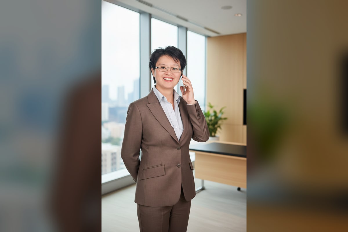 Capital Wealth Finance's Jenny Oh, smiling in a brown suit and talking on the phone in an office with city views.