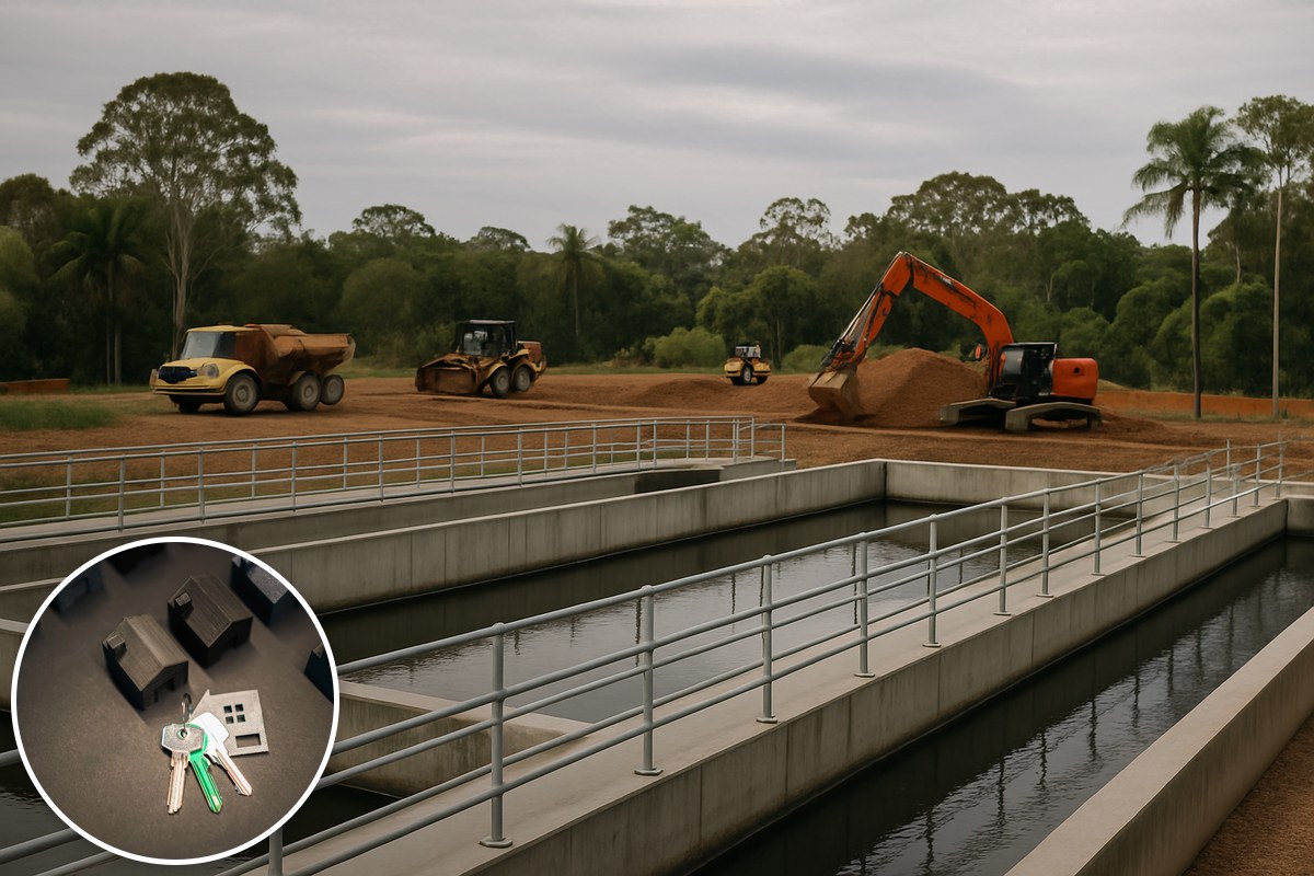 Generic illustrative utility construction site with concrete basins and a stock house-key inset; not the actual Chambers Flat facility.