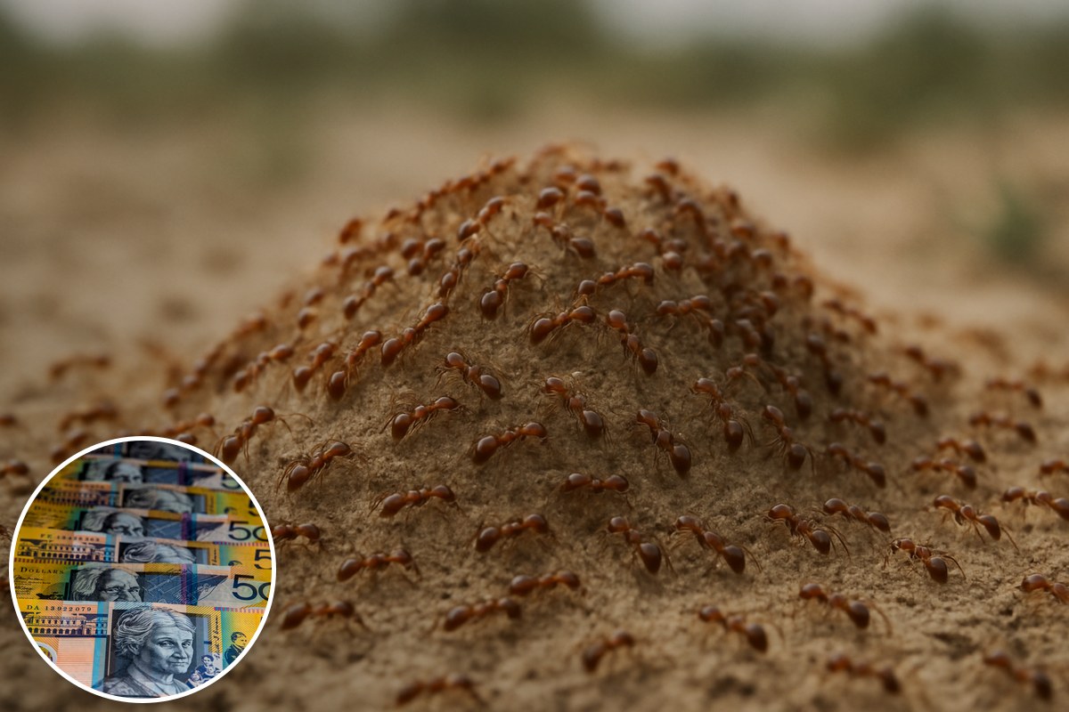 Red ants swarming over a sandy nest mound, with Australian banknotes inset.