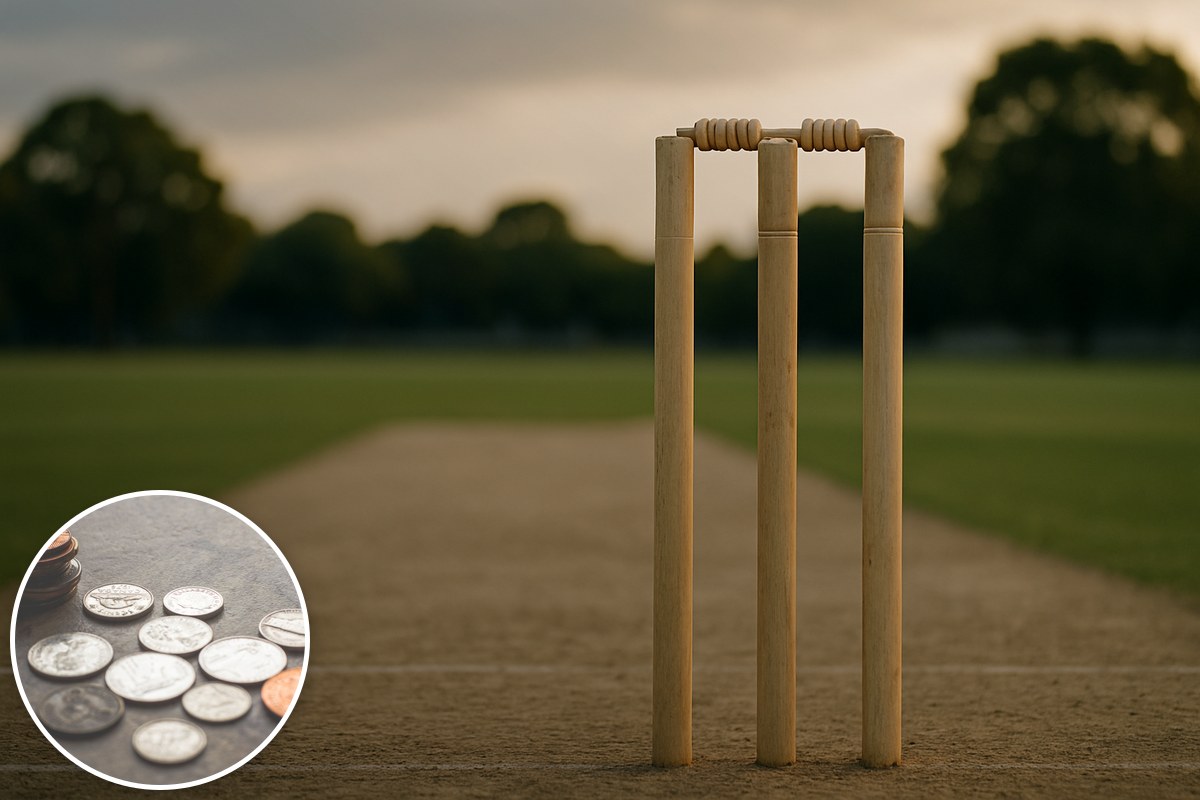 Cricket stumps on a wicket at golden hour, with a pile of coins inset.