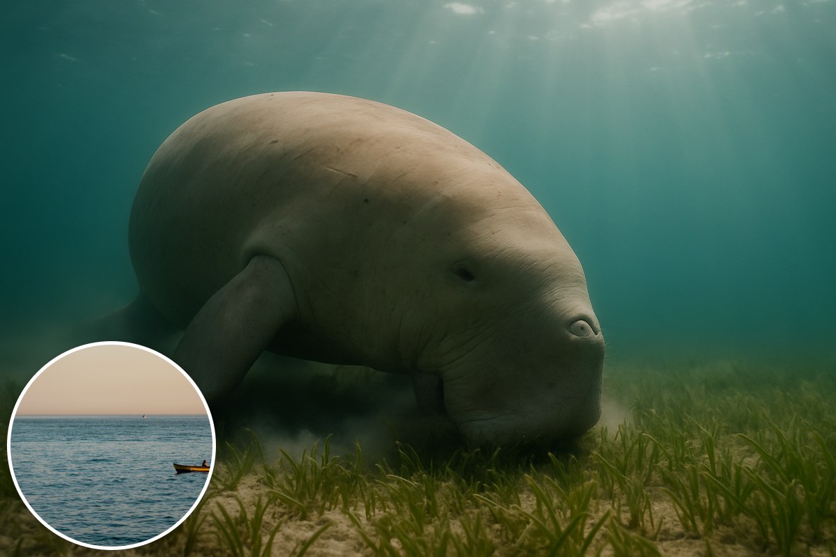 Illustration of a dugong grazing on seagrass in sunlit shallow water, with a small boat inset.