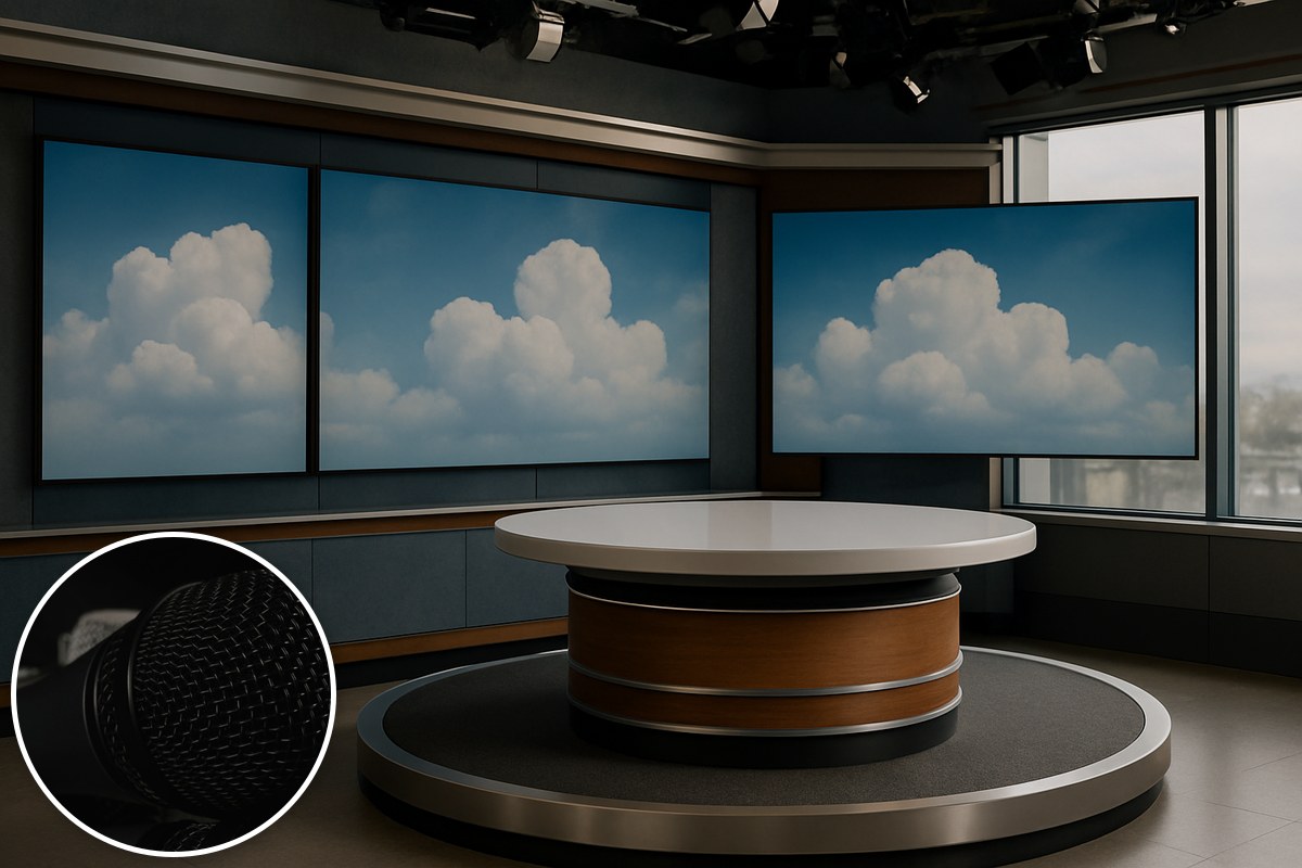 Generic illustrative empty television weather studio with cloud screens and a stock microphone inset; not the ABC's actual studio.