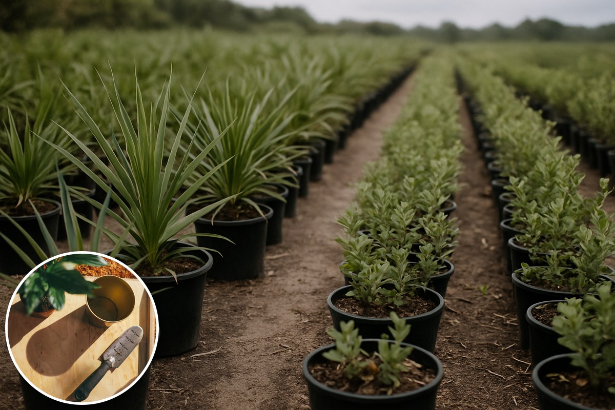 Generic illustrative native plant nursery with a stock gardening-trowel inset; not Lady Elliot Island or its actual nursery.