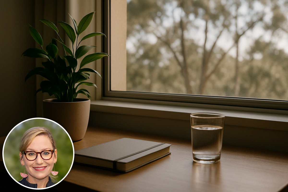 A quiet sunlit desk by a window with a green plant and a glass of water, with a portrait of Larissa Waters inset.