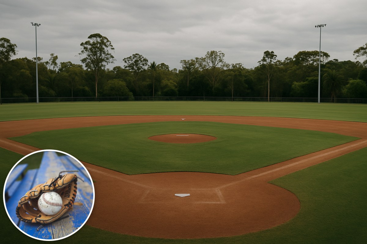 Illustrative empty baseball diamond in a subtropical landscape, with a real baseball glove and ball inset.