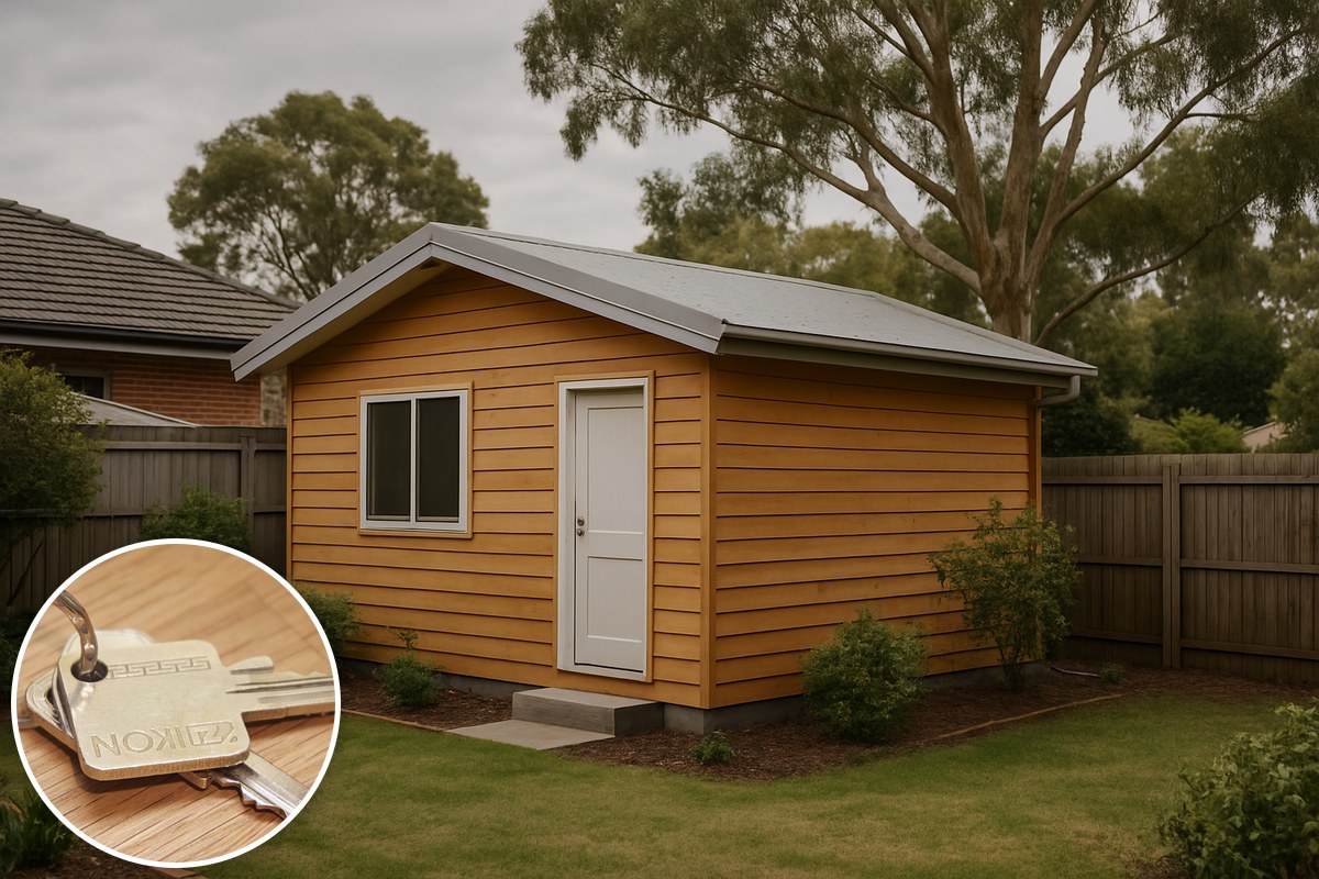 Generic illustrative timber-clad backyard dwelling beneath eucalyptus trees, with a house-keys inset; not a depiction of a specific Logan property.