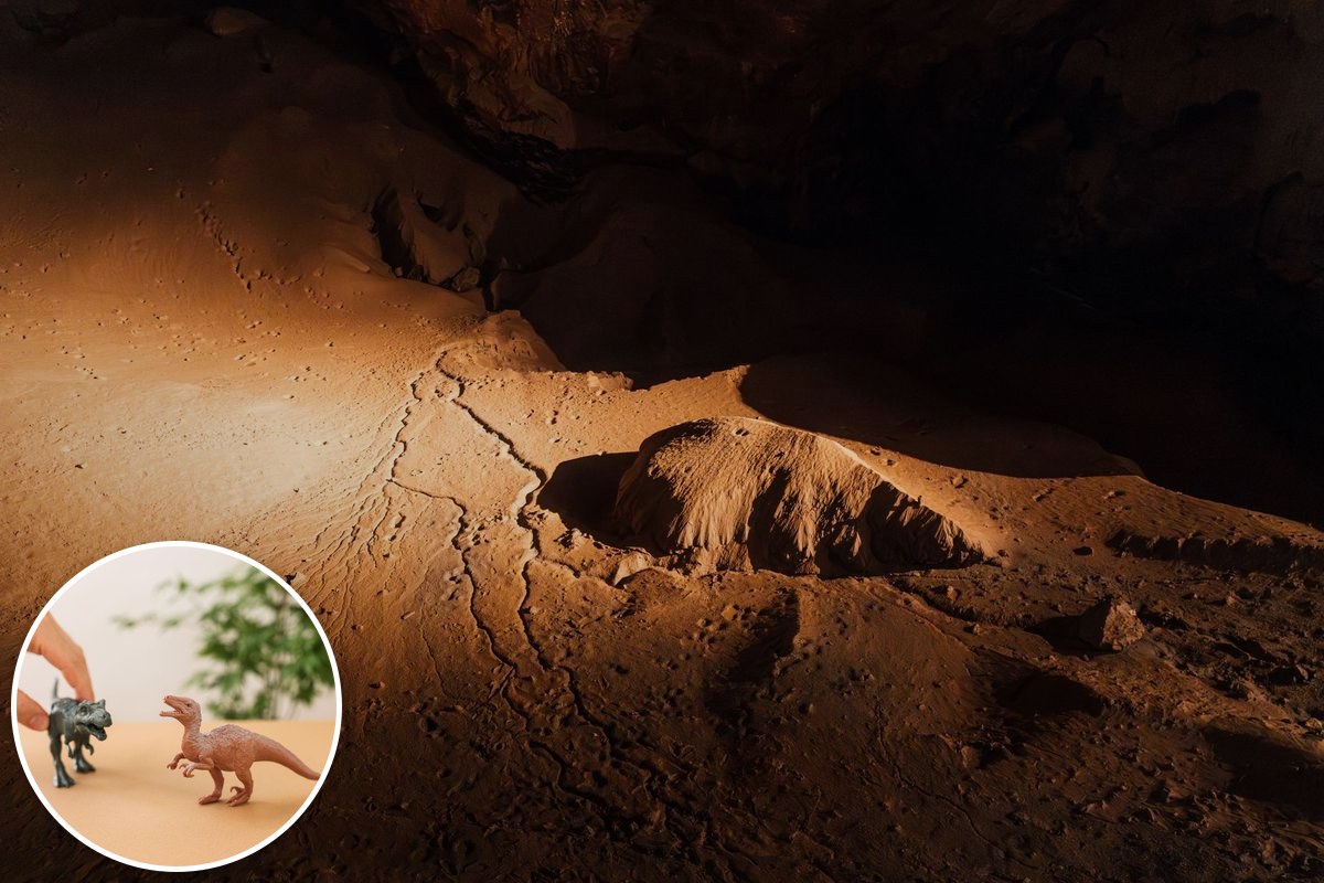A dimly lit cave interior glowing gold, with an inset photo of toy dinosaur figurines.