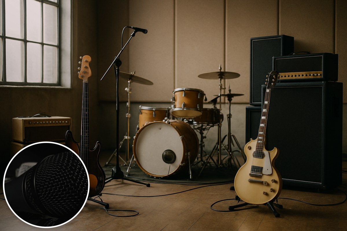 Generic illustrative empty rehearsal room with guitars, drums and amplifiers, with a stock microphone inset; not Powderfinger's actual rehearsal space.