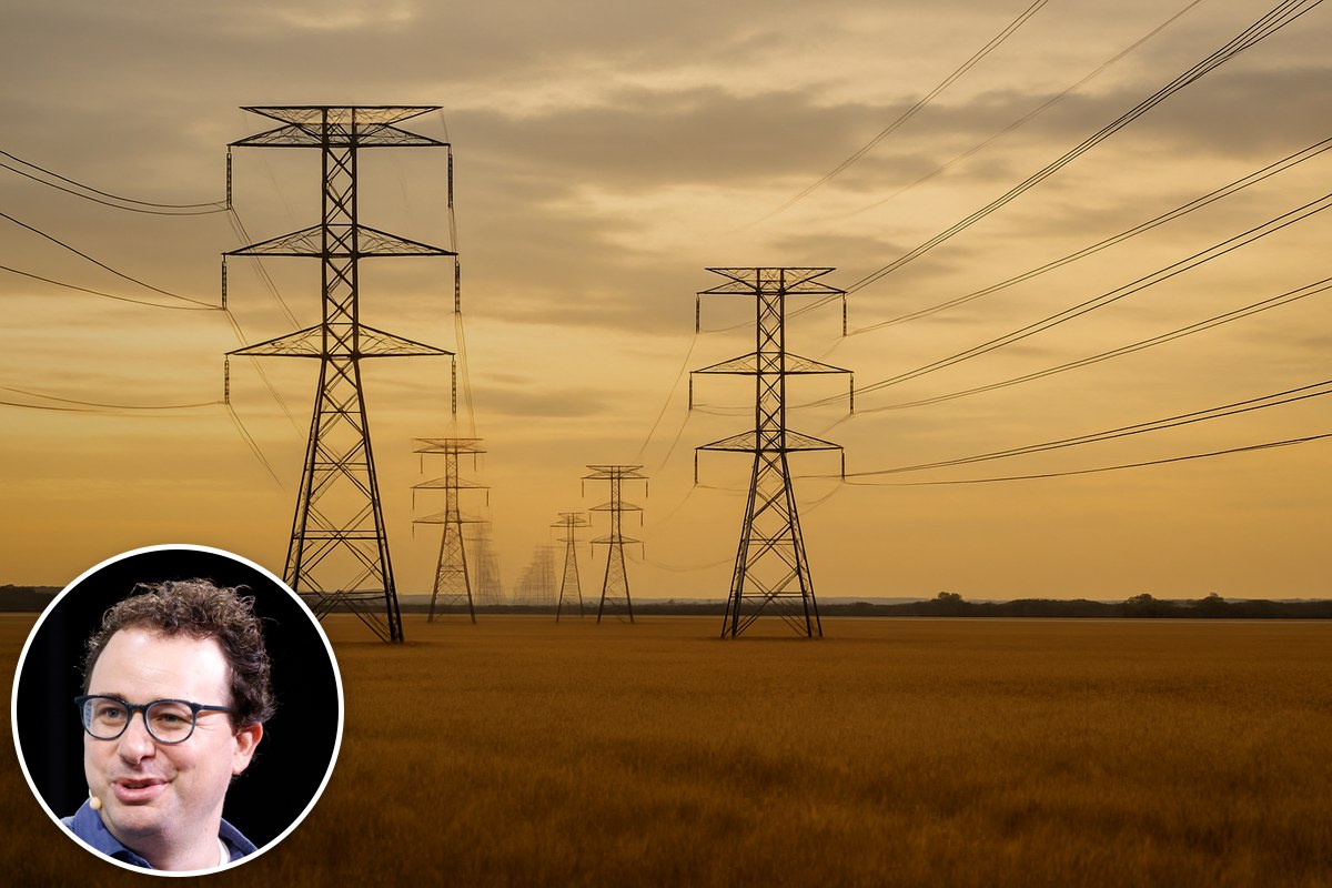 Transmission towers crossing golden farmland at sunset, with a portrait of Dario Amodei inset.