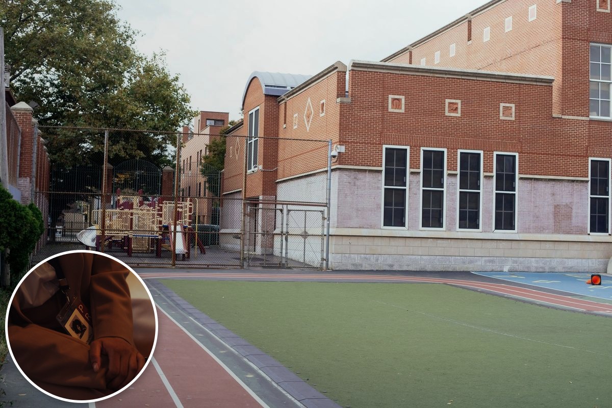 An empty schoolyard with play equipment behind a fence, with an inset photo of an identity badge on a lanyard.