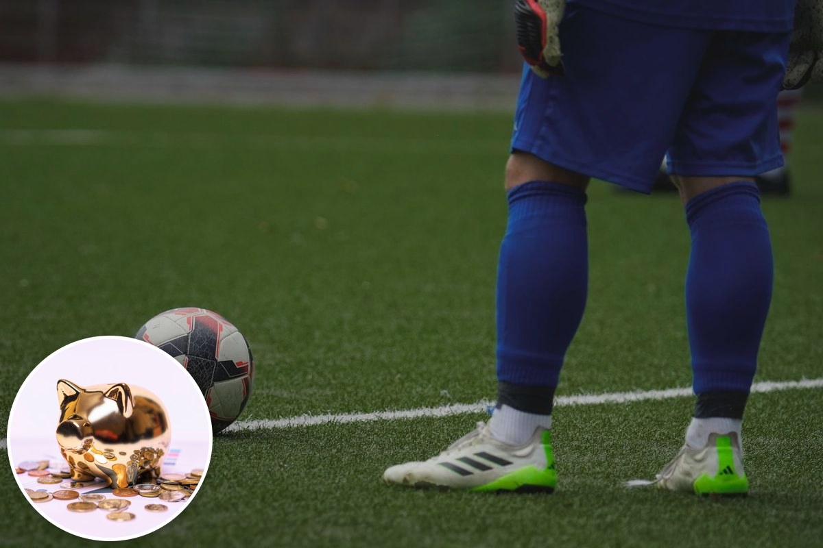 A goalkeeper's boots and a ball on a football pitch, with an inset photo of a piggy bank and coins.