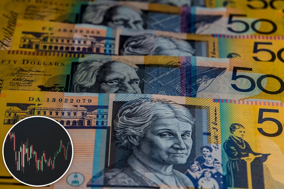 Australian fifty-dollar banknotes fanned out, with an inset photo of a candlestick price chart.