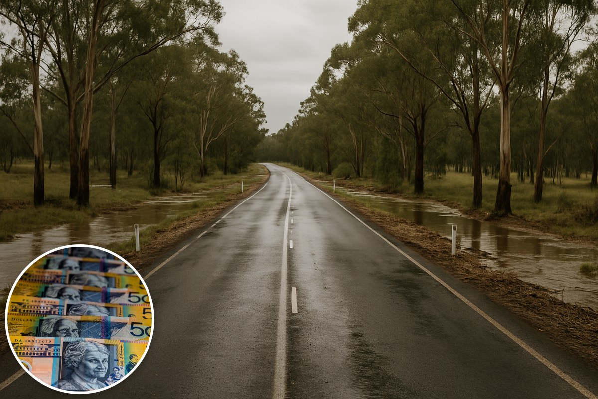 Generic illustrative wet regional Australian road with pooled water beside eucalyptus trees and a stock Australian banknotes inset; not a specific disaster scene.