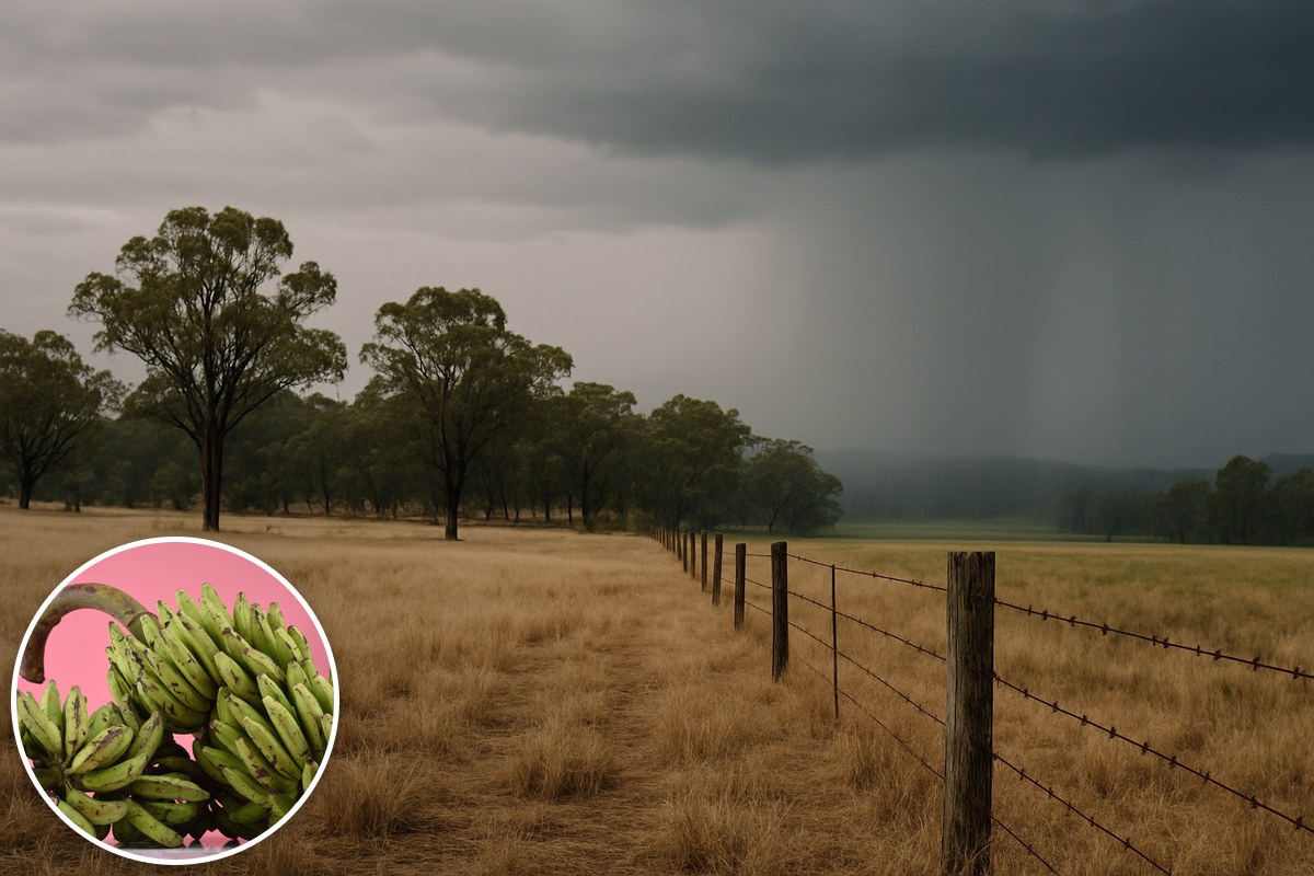 Generic illustrative dry Australian paddock under rain clouds, with a stock banana-bunch inset; not a specific farm or weather event.