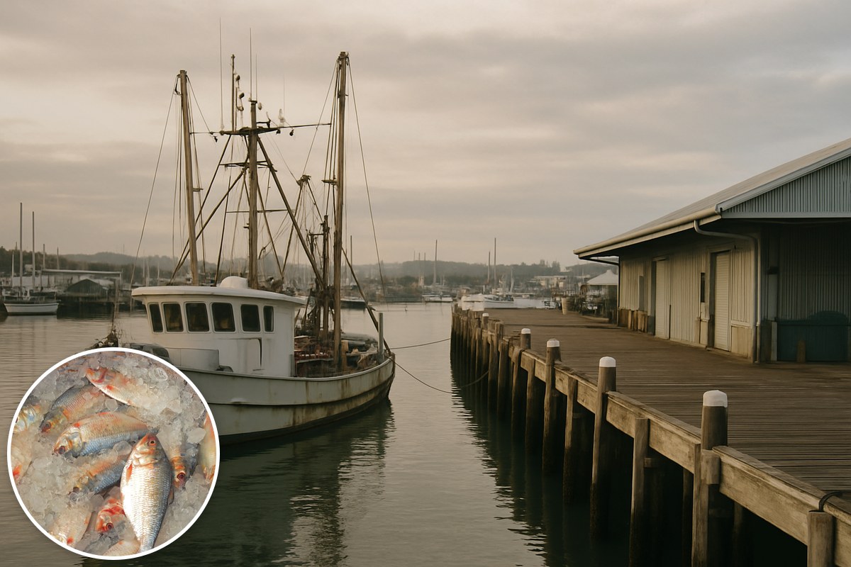 Generic illustrative working harbour with an unmarked fishing boat and a stock fish-on-ice inset; not a depiction of a specific Queensland business or location.