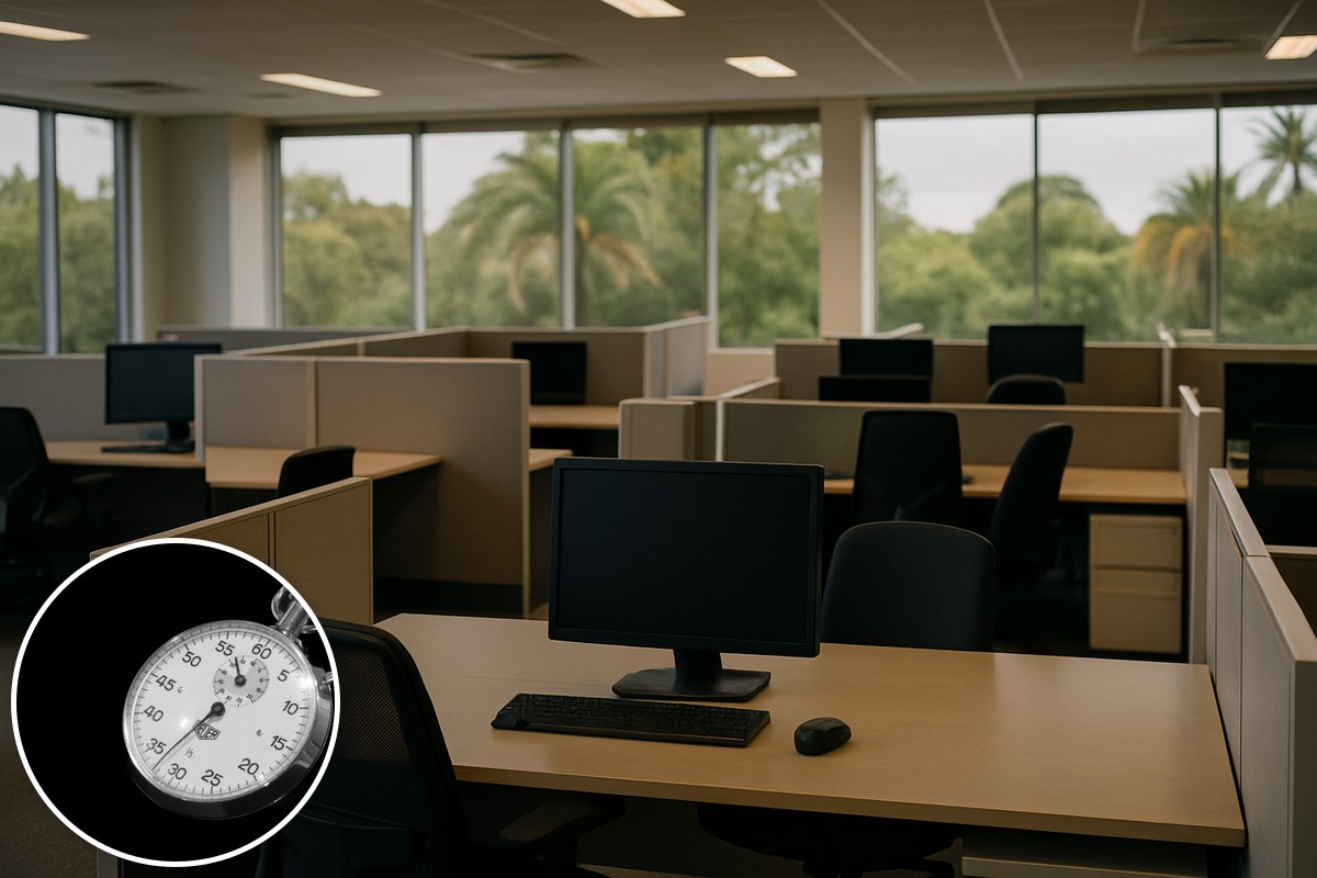 Generic illustrative empty office with a stock stopwatch inset; not an actual Queensland government workplace.
