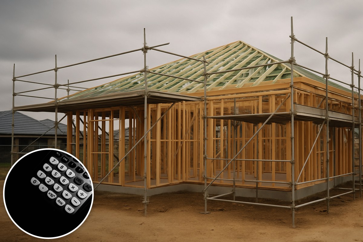 Generic illustrative timber-framed Australian house under construction, with a stock calculator-keypad inset; not a particular development.