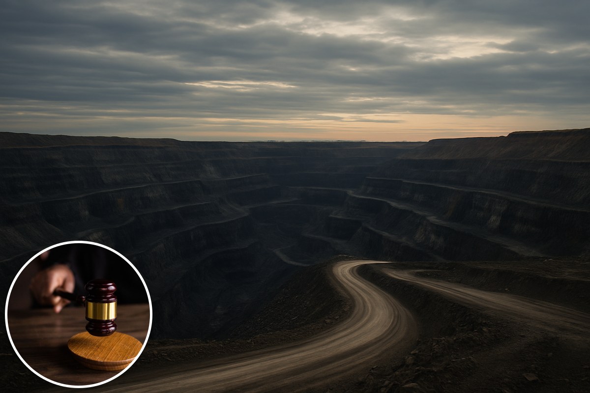 An open-cut mine under a brooding sky, with a gavel inset.