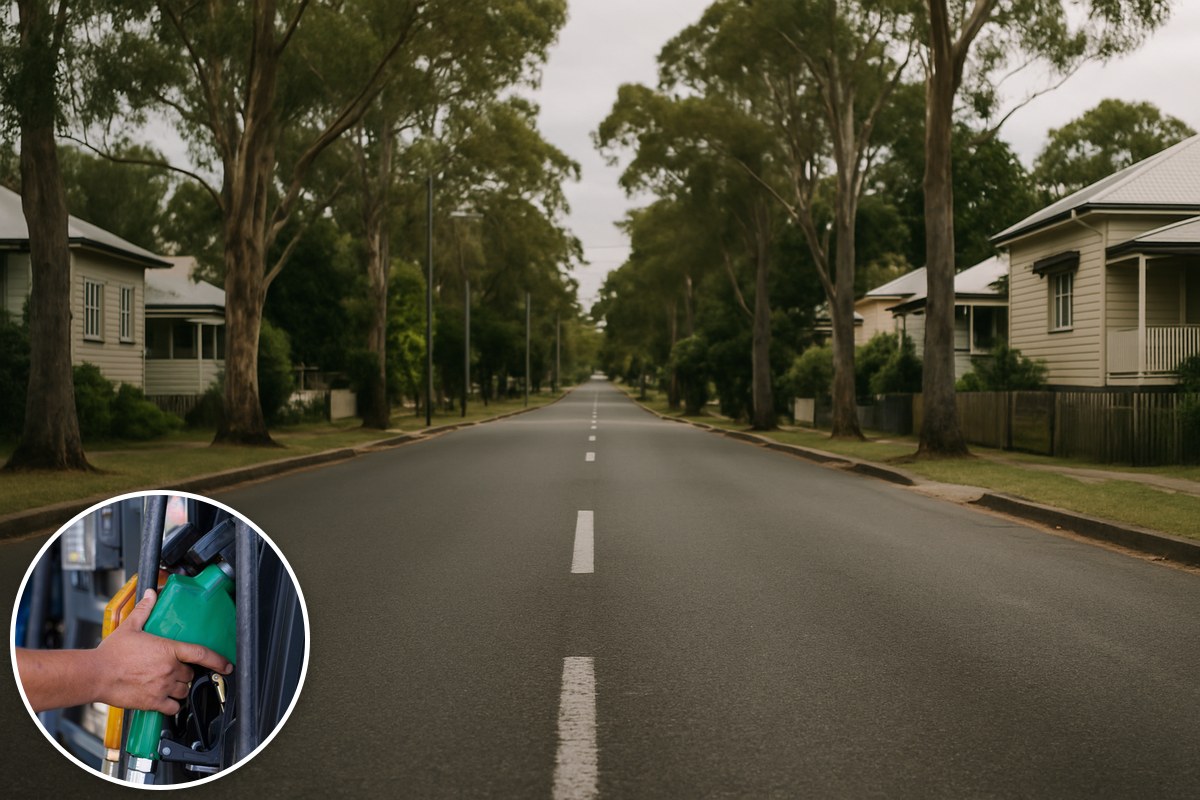 Illustration of a quiet Australian residential street with eucalyptus trees and timber houses, with a fuel-pump nozzle inset.