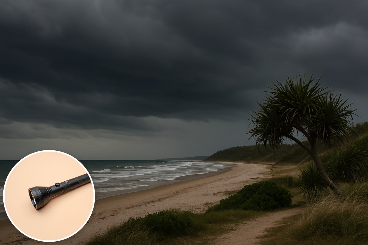 Illustrative subtropical beach beneath storm clouds, with a torch inset; not a depiction of a current cyclone or a named location.