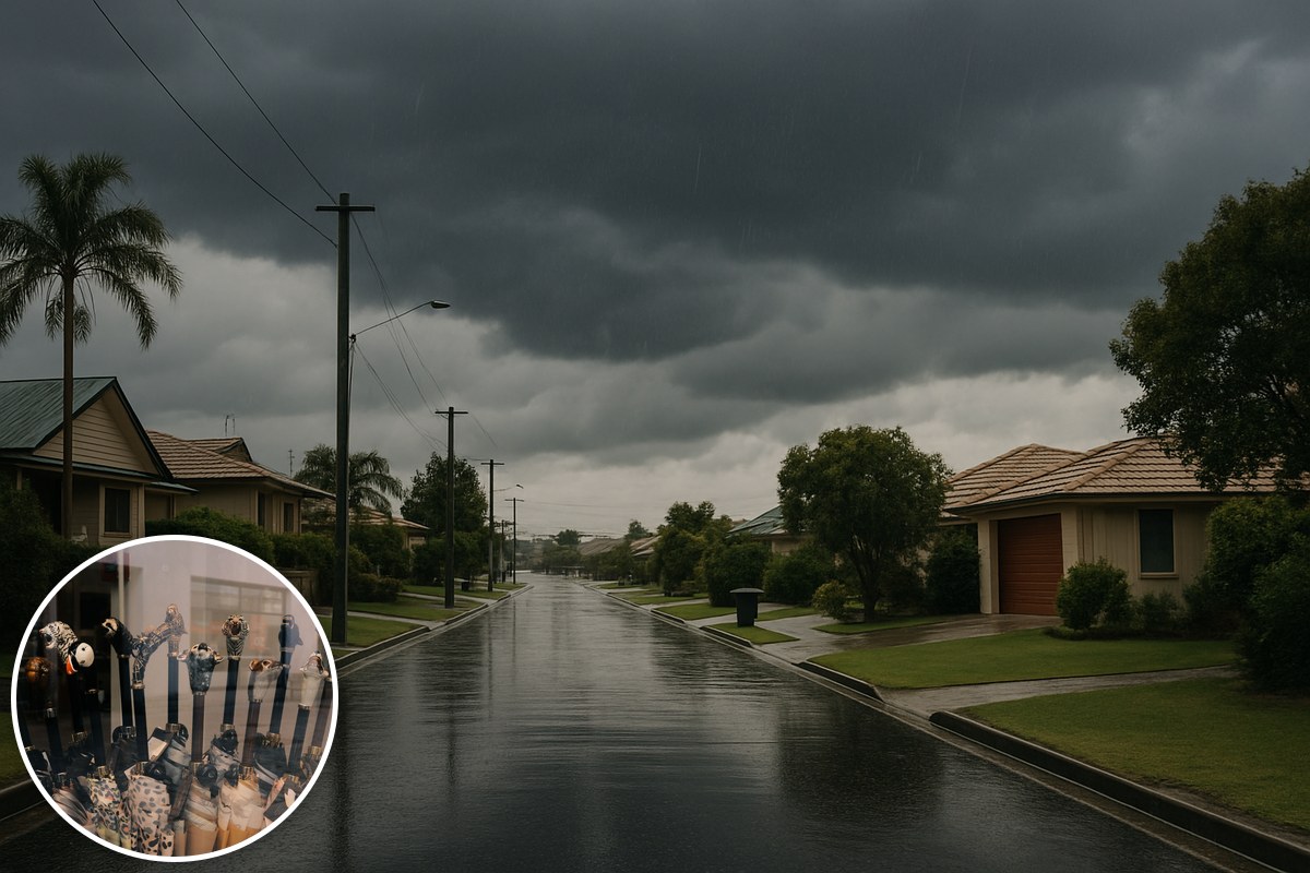 Illustrative generic Australian suburban street under rain clouds, with a stock umbrella-display inset; not a photograph of the current weather.