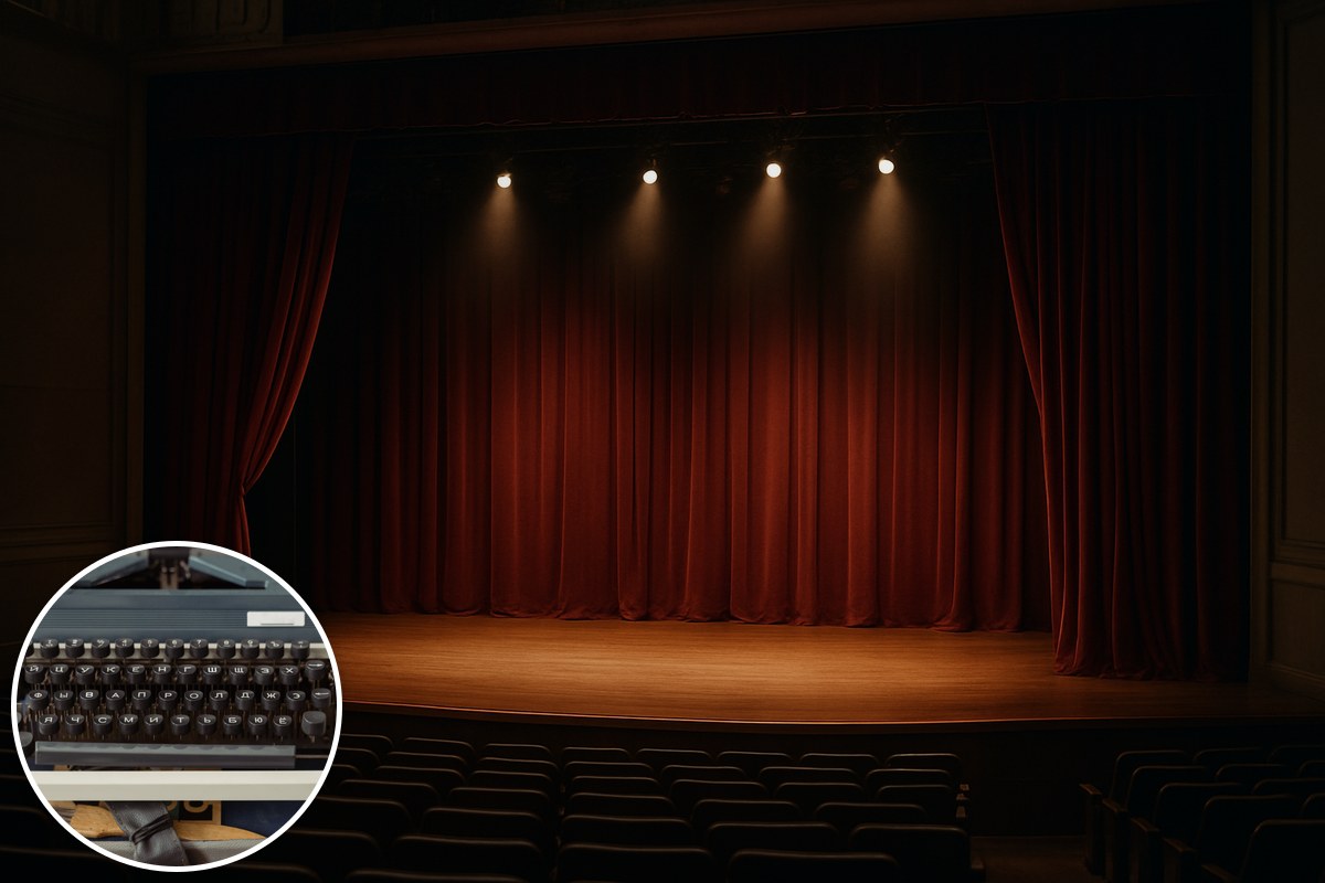 Generic illustrative empty theatre stage with burgundy curtains and a stock vintage-typewriter inset; not a depiction of QPAC or the production.