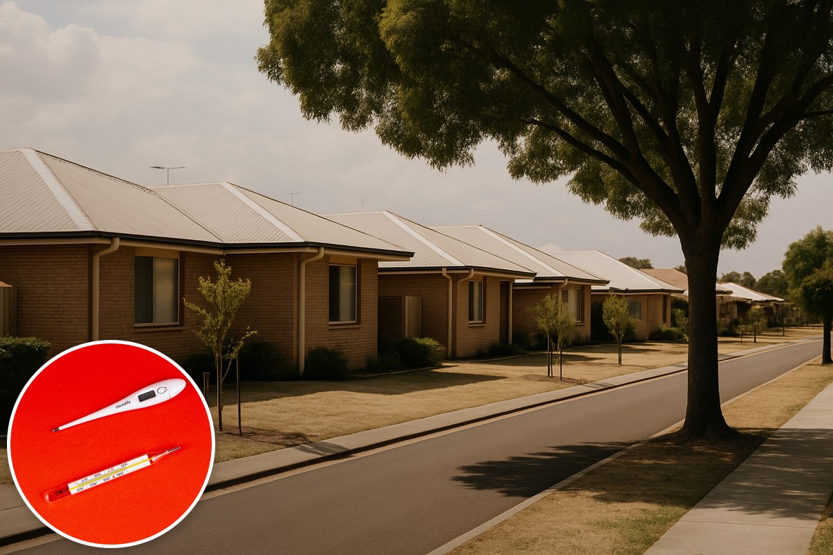 Generic illustrative Australian suburban street with pale-roofed houses and tree shade, with a stock clinical-thermometer inset; not a specific neighbourhood.