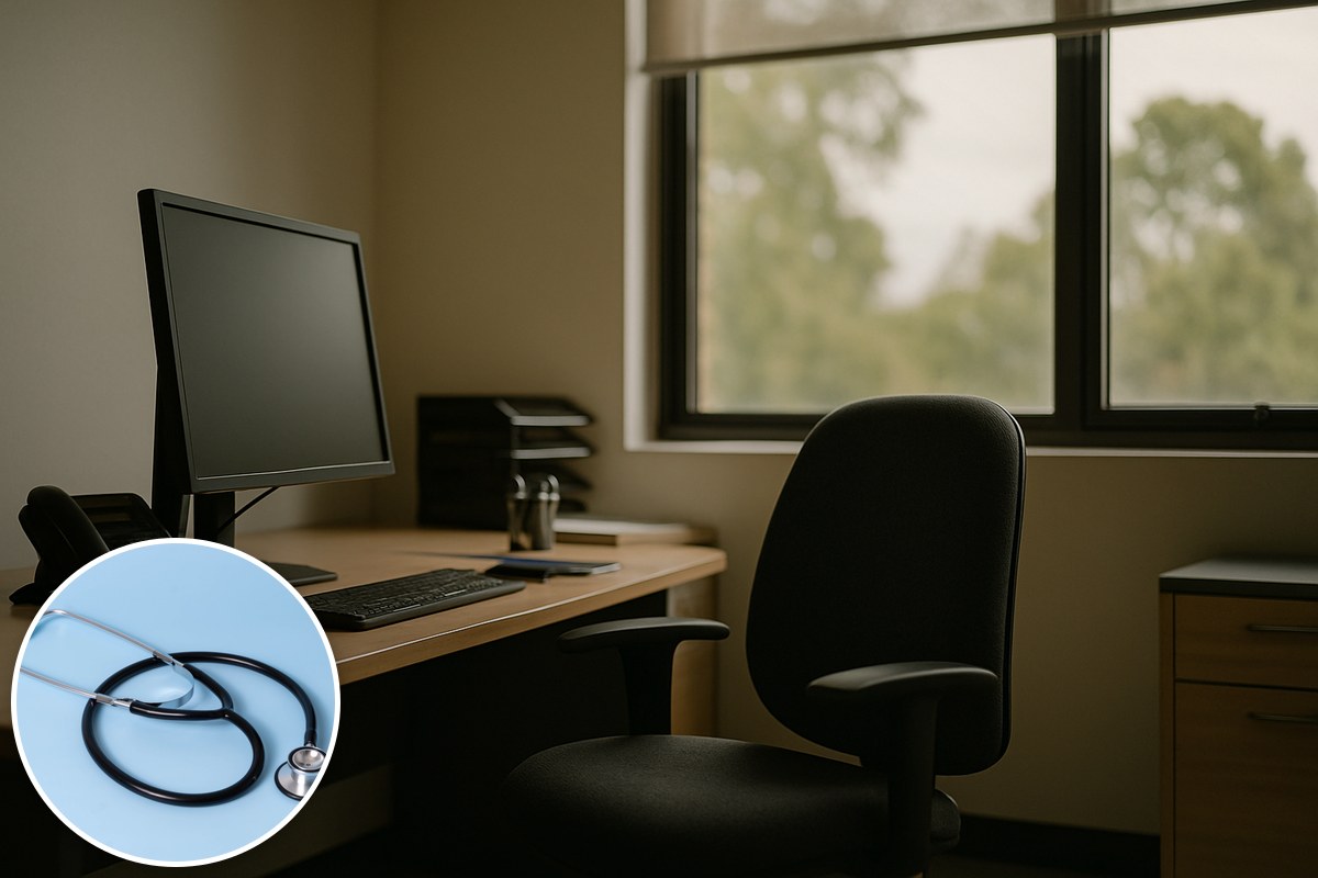 Generic illustrative empty office workspace with a stock stethoscope inset; not a specific workplace or injured worker.