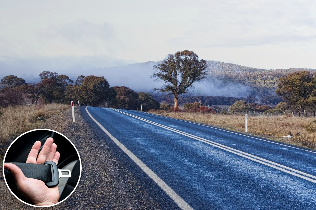 An empty two-lane country road lined with gum trees, with an inset photo of a hand holding a seatbelt buckle.