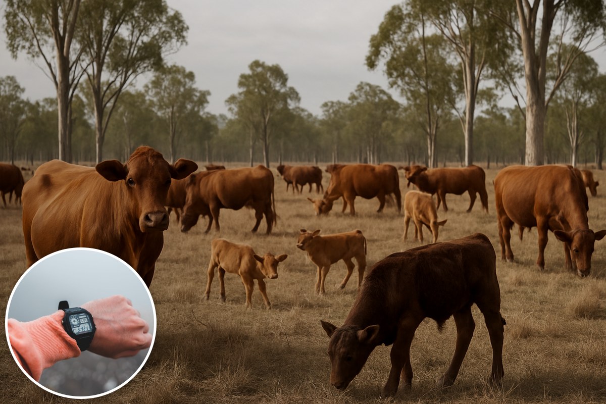 Generic illustrative cattle and calves in Australian pasture, with a stock digital-watch inset; not the research herd or its sensor equipment.