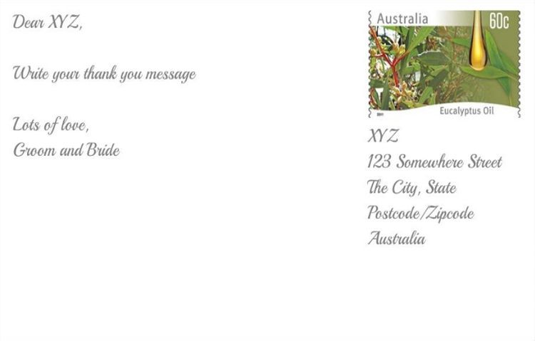 An example thank-you postcard with a handwritten-style message and an Australian stamp.