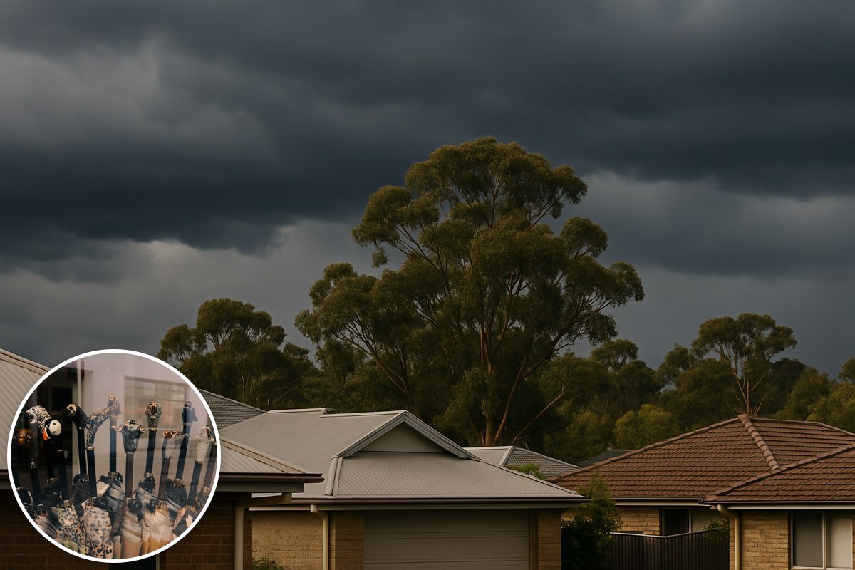 Generic illustrative Australian suburban rooftops beneath dark clouds, with a stock umbrella-display inset; not a photograph of a current storm or named location.