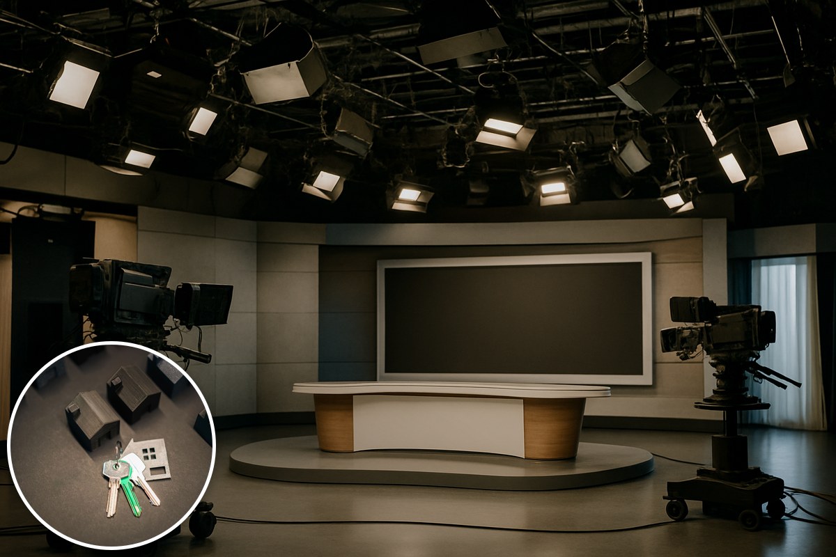 Generic illustrative empty television studio with a stock house-keys inset; not Seven's actual premises or a depiction of Mount Coot-tha.