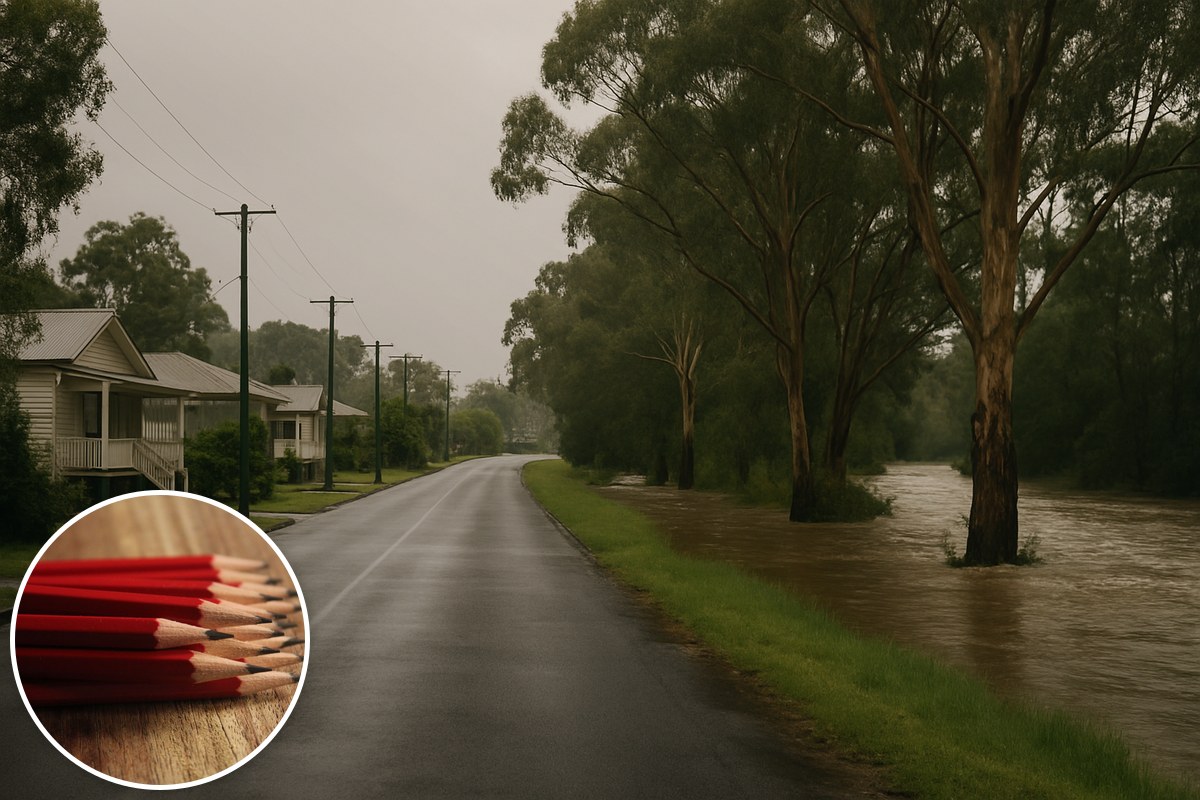 Generic illustrative Australian street beside a swollen creek, with a stock pencils inset; not actual flood footage or a particular school.