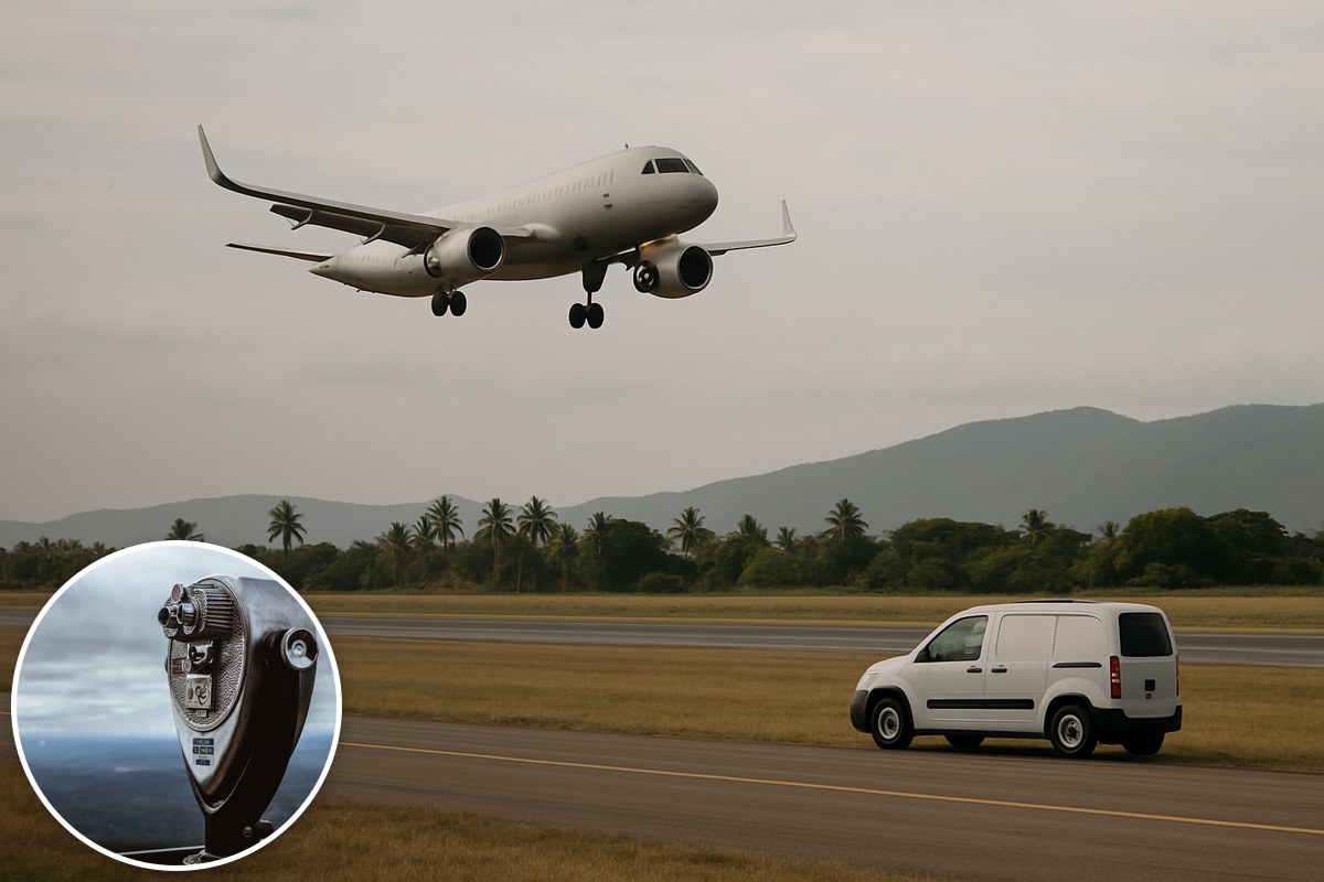 Generic illustrative unbranded passenger aircraft approaching an airfield beside a van, with a stock viewing-binocular inset; not a depiction of Townsville Airport or the incident.